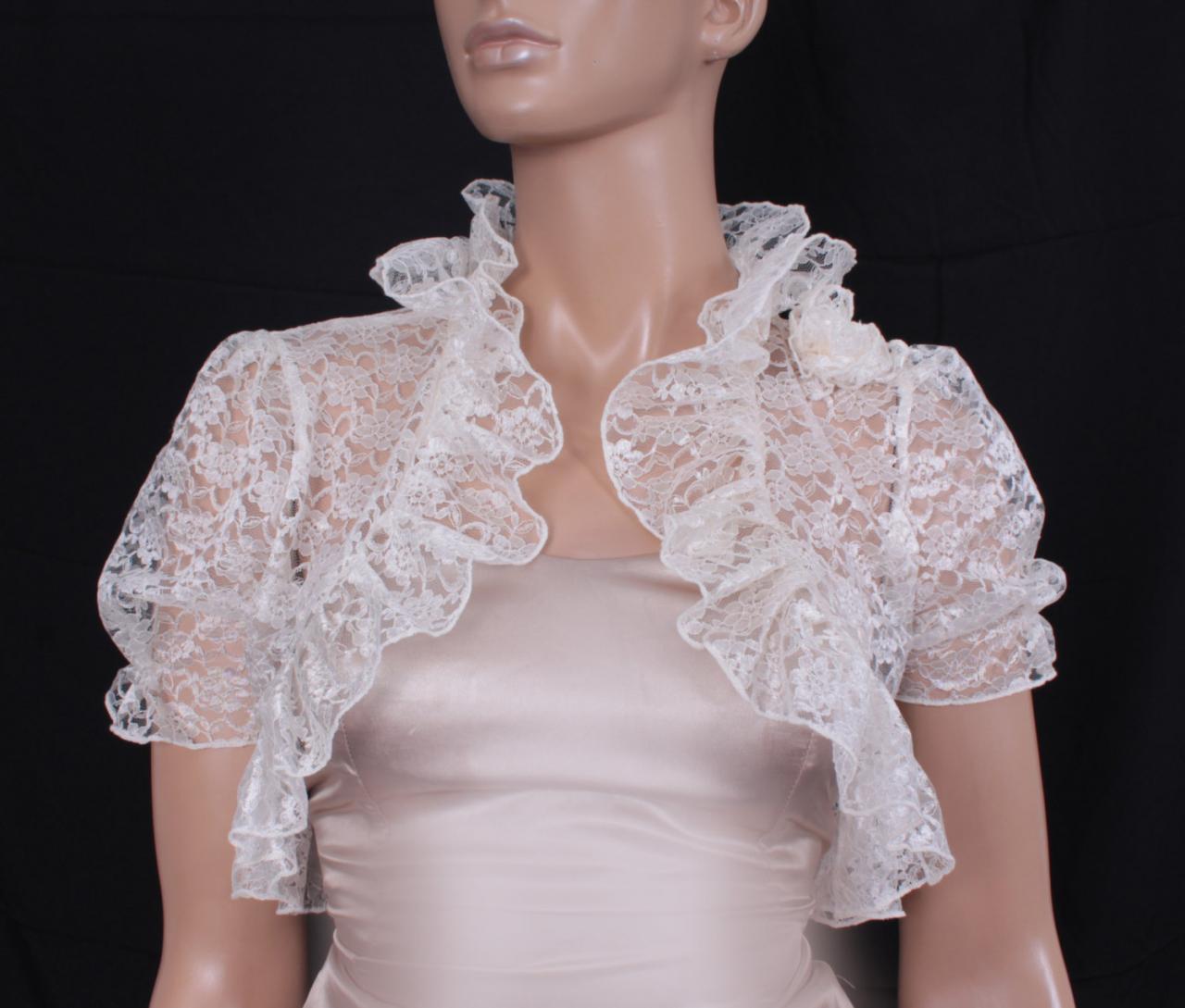 Bridal Cream White Lace Fluffy Ruffles Shrug Jacket Wedding Bolero on